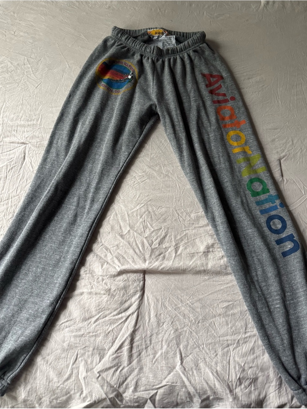 Aviator Nation Gray Sweatpants with Rainbow Logo and Lettering